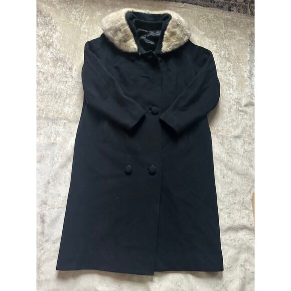 Vintage wool angora mink collar woman coat black gray DOBROYD retro overcoat S - Picture 2 of 16